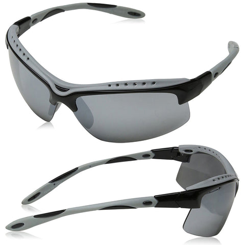 Sunglasses with a sleek design feature dark lenses and gray frames placed upright and sideways on a light surface highlighting their sporty style