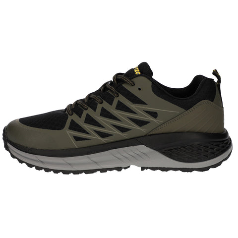 A black and olive green athletic shoe is displayed with a textured sole and a padded collar, designed for comfort and performance in outdoor activities within a neutral background.