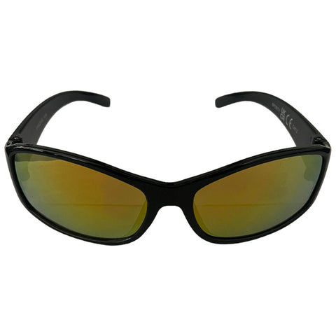 Sunglasses with a sleek black frame and gradient amber lenses are displayed front-facing on a plain background, highlighting their sporty design and protective features against sunlight.