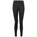 Black leggings are displayed standing upright with a high waistband and side pockets, designed for active wear in a neutral setting, emphasizing a sleek, athletic appearance.