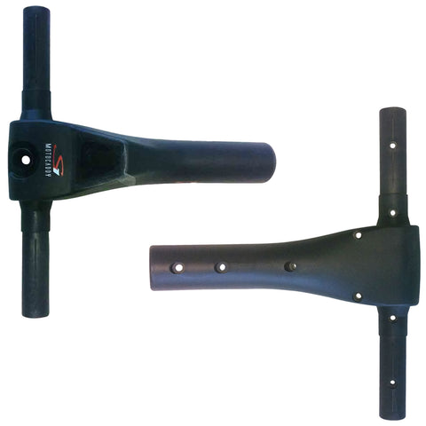 A black handlebar tool is displayed with a central tapered grip and two extended horizontal rods on each end showcasing various holes for adjustment in a neutral background.