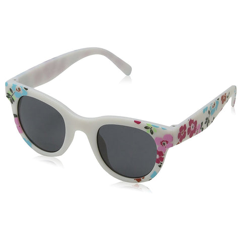 Floral-patterned sunglasses rest on a reflective surface showcasing their rounded lenses and stylish frame, suggesting a playful and fashionable accessory for sunny weather.