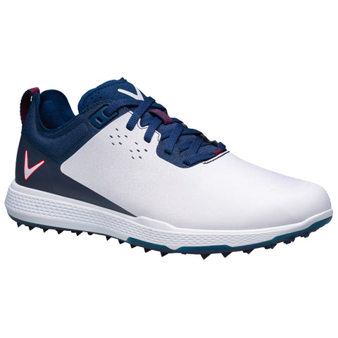 A white and navy golf shoe features a breathable upper with lace-up design and spiked sole for traction suitable for outdoor activities on turf or grass surfaces.