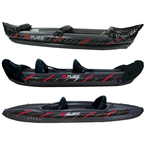 A black kayak with red accents is displayed in three angles showcasing its design features and seating arrangements suitable for two people in a water environment.