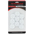 A pack of nine white practice airballs is displayed on a plastic backing with holes for airflow showcasing their spherical shape labeled as golf essentials for practice use.