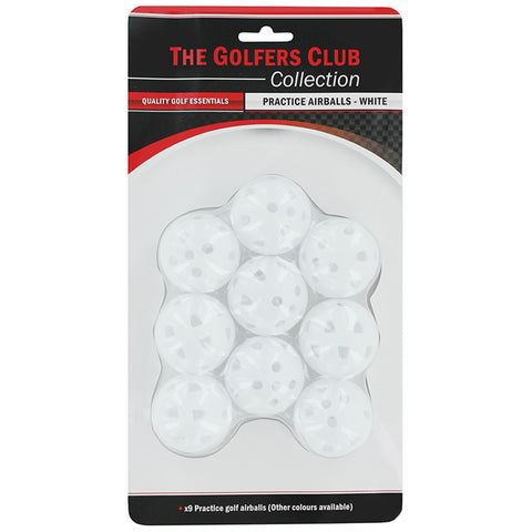 A pack of nine white practice airballs is displayed on a plastic backing with holes for airflow showcasing their spherical shape labeled as golf essentials for practice use.