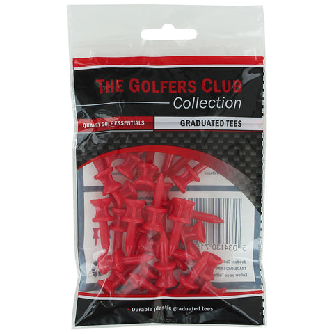 A transparent plastic package contains multiple red graduated golf tees arranged neatly inside. The package features branding and product information, suitable for golfers needing essentials for play.