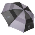 A black and gray umbrella is displayed open showcasing a symmetrical design with alternating colors and the logo PR@QUIP visible on its panels, suitable for protection against rain or sun.