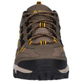 A sturdy brown and black hiking shoe is showcased upright its laces tightly woven and patterned mesh sides suggest rugged outdoor use designed for durability and comfort in varied terrains