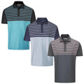 Three polo shirts displayed in a row feature varying colors and striped patterns. A light teal shirt has black and blue stripes, a navy shirt showcases horizontal stripes on a lighter background, and a charcoal shirt has narrow pink stripes.