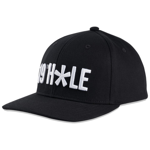 A black baseball cap displays bold white letters spelling "19th H*LE" on the front featuring a structured design and a curved brim suitable for casual wear or sports activities.