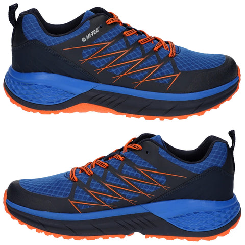 Blue and black athletic shoes feature orange laces and accents with a textured design. They are positioned on a neutral background showcasing their structure and colors for visibility.