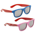 Two pairs of stylish sunglasses are displayed one on top of the other. The top pair is blue with red arms while the bottom pair is pink with floral designs on the arms.