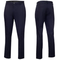 Navy blue pants are displayed from the front and back showcasing a sleek design with a button closure and pockets suitable for casual or semi-formal wear in various settings.