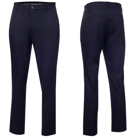 Navy blue pants are displayed from the front and back showcasing a sleek design with a button closure and pockets suitable for casual or semi-formal wear in various settings.