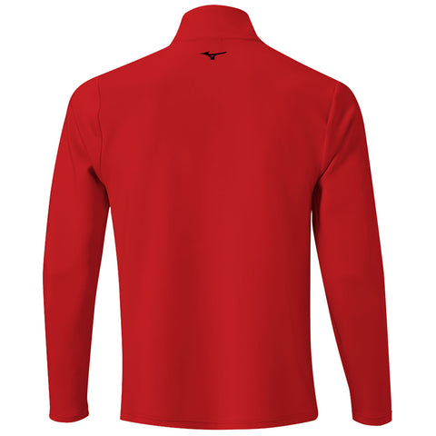 A red long-sleeve shirt is displayed from the back featuring a standing collar and a small logo on the upper back in black without any text or other details visible.