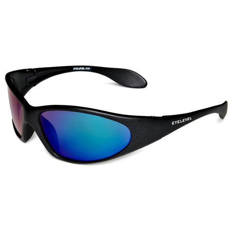 A pair of black sunglasses with reflective blue lenses rests at an angle on a flat surface highlighting its sleek design intended for protecting eyes from sunlight.