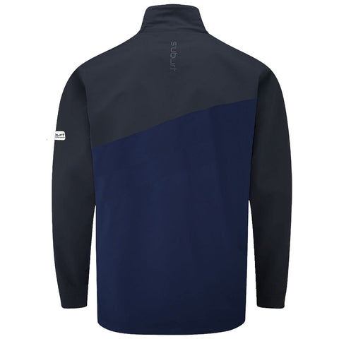 A dark navy jacket hangs with a high collar and long sleeves featuring a divided color design of darker and lighter navy shades visible on the back.