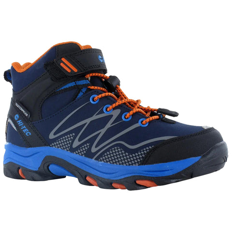 A blue and black waterproof hiking boot is displayed with orange laces and accents while resting on a flat surface designed for outdoor activities providing support and traction in rugged terrain