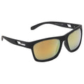 Black sunglasses feature a sleek design with mirrored lenses reflecting light in shades of gold and green while the frame showcases a modern style suitable for outdoor activities.