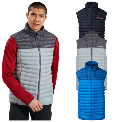 A man wearing a gray and red puffy vest poses with a serious expression while three other vests in gray and blue colors are displayed alongside him.