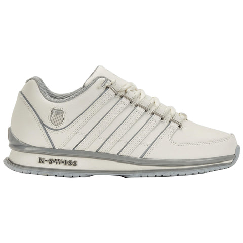 A white athletic shoe with grey accents features multiple lace loops and a textured sole the shoe is set against a plain white background