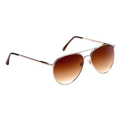 Metal framed sunglasses with gradient brown lenses resting at an angle the reflective tint suggests a bright outdoor environment suitable for shielding eyes from sunlight