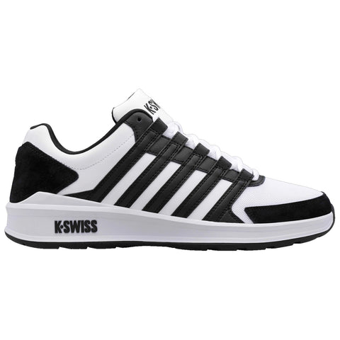 Black and white athletic shoe features a sleek design with a textured upper and multiple lateral stripes showcasing the brand name K-Swiss placed prominently on the side.