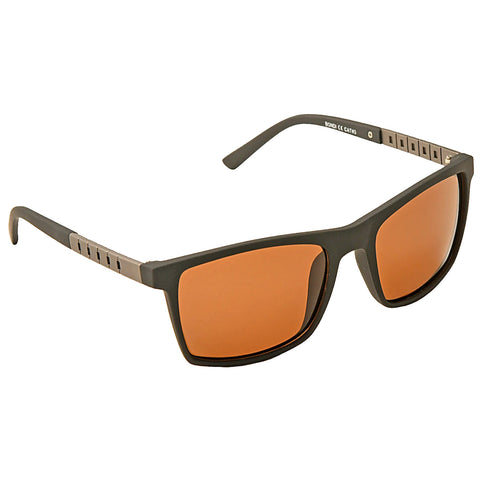 A pair of sunglasses features dark frames and orange-tinted lenses positioned on a flat surface highlighting their modern design suitable for outdoor use. The context suggests bright light conditions.