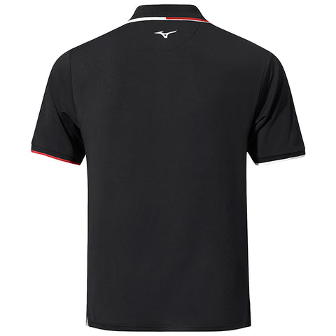 A black polo shirt features a contrasting white and red trim on the collar and sleeves showcasing a simple design suitable for casual or athletic wear against a plain background.