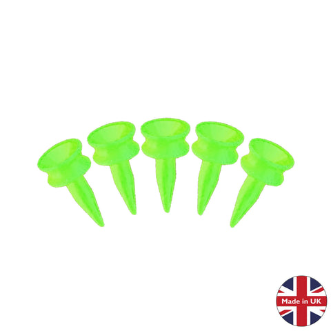 Five bright green push pins are arranged in a row with their pointed ends facing downward indicating they are ready for use on a board or wall in an organized manner.