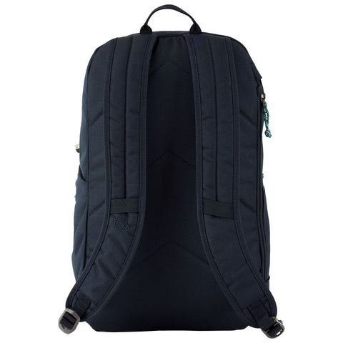 A dark backpack with padded shoulder straps and a top handle stands upright showcasing its back panel detailing in a neutral setting without additional items surrounding it.