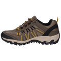 A brown and black outdoor shoe with a textured upper and a rugged sole is displayed on a white background featuring elements like yellow stitching and laces for secure fastening.