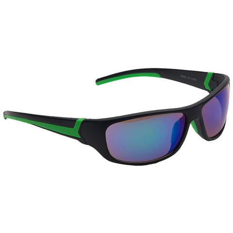 Sunglasses with black frames and green accents are positioned to the right they feature reflective lenses displaying a gradient of colors indicating stylish eyewear suitable for outdoor use