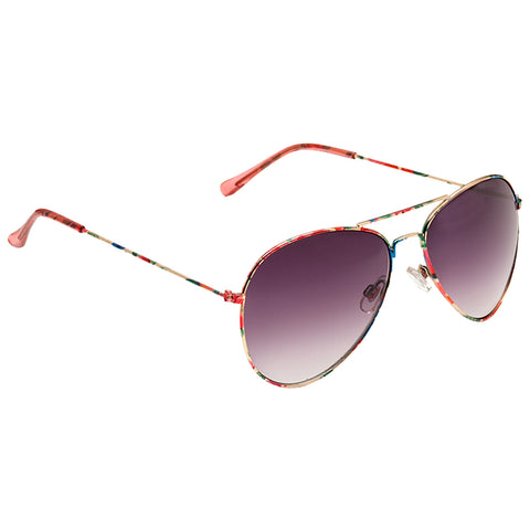 Colorful aviator sunglasses with gradient lenses rest at an angle showcasing their decorative frame and curved arms against a plain white background.