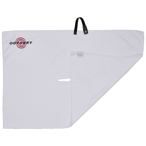 A large black towel displays the logo "ODYSSEY" in red and white in one corner with a central slit for easy hanging or carrying indicating a utility purpose in a sports or leisure context.