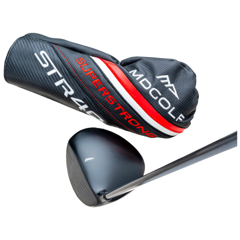 A golf club head is positioned next to its black and red protective headcover with branding while the club shaft extends prominently from the head in a stark white background.