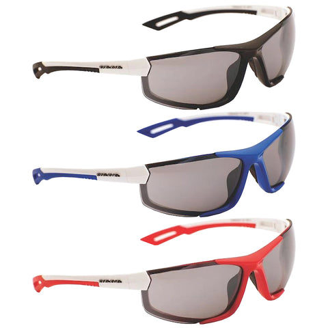 Sport sunglasses are displayed in three colors black blue and red arranged vertically each has a sleek design with tinted lenses and distinct white accents on the frames