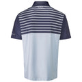 A short-sleeved polo shirt features a navy blue upper with horizontal white stripes and a light blue lower section. It is displayed from the back against a plain background.