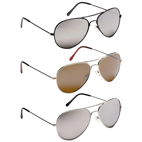 Three pairs of sunglasses are arranged vertically. The top pair has dark lenses and a black frame. The middle pair features brown lenses with a silver frame. The bottom pair has light lenses with a silver frame.