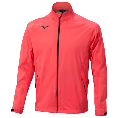 A vibrant coral jacket features a full zipper and high collar with black branding on the chest and side pockets. It is suitable for athletic or casual wear in various weather conditions.