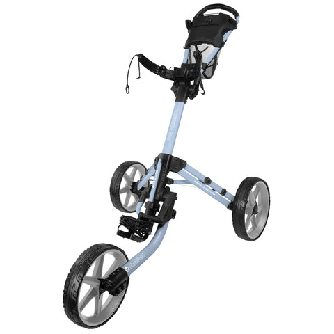 A blue golf pushcart stands upright with three wheels and a handle. The cart is designed to hold a golf bag while facilitating easy transport on a golf course.