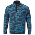 A long-sleeved athletic jacket features a half-zip design with a high collar and a blue camo pattern on a black background suitable for outdoor activities or sports.