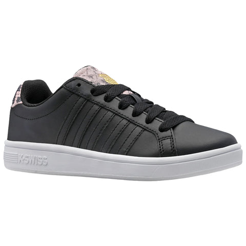 A black sneaker with a smooth leather upper has a white sole and features textured detailing on the heel. It is designed for casual wear and comfort.