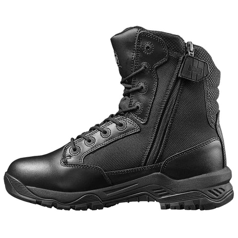 Black combat boot made of leather and fabric stands upright showcasing laces and side zipper designed for durability and support typically used in outdoor or tactical environments