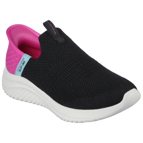 A black slip-on sneaker features a pink and blue heel with a textured fabric upper and a white rubber sole designed for comfort and ease of wear suitable for casual activities.