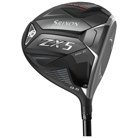 A black and silver golf driver club head rests on a plain background featuring the brand Srixon and model ZX5 Mk II with a 9.5 loft marking and aerodynamic design elements.