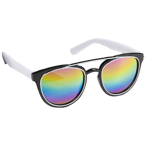 Sunglasses feature a black frame with white accents and colorful reflective lenses displaying a gradient of rainbow hues resting on a flat surface against a plain background.