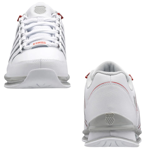 White athletic shoes with gray stripes are positioned from the front and rear views showcasing laces and a logo on the heel placed against a plain white background.