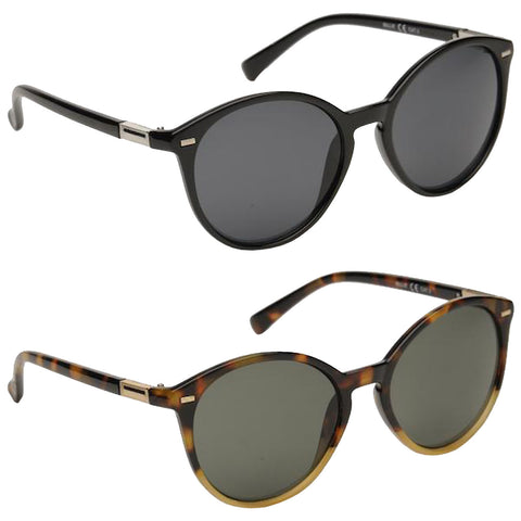 Eyelevel Ladies Billie Sunglasses Two pairs of sunglasses are displayed side by side featuring dark lenses with one pair having a black frame and the other a tortoiseshell design in a neutral setting